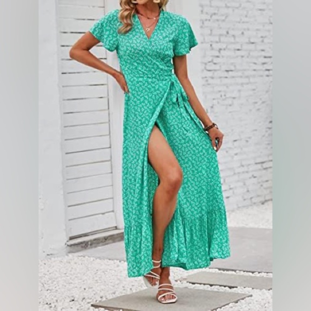 Zesica | Rayon Floral Wrap Maxi Dress in Green Size L Large - Picture 7 of 12